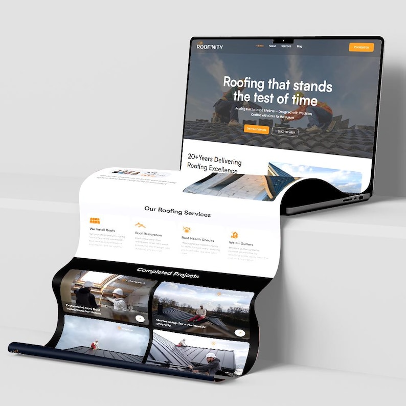 May include: A laptop showing the ROOFINITY website, a roofing company. The site highlights "Roofing that stands the test of time" and "20+ Years Delivering Roofing Excellence." The website also displays roofing services and completed projects.