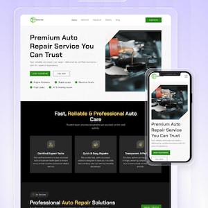 Peut inclure: Une maquette de site web pour un service de réparation automobile, affichée sur une tablette et un smartphone. Le site web présente le texte "Premium Auto Repair Service You Can Trust" et des informations sur les services.