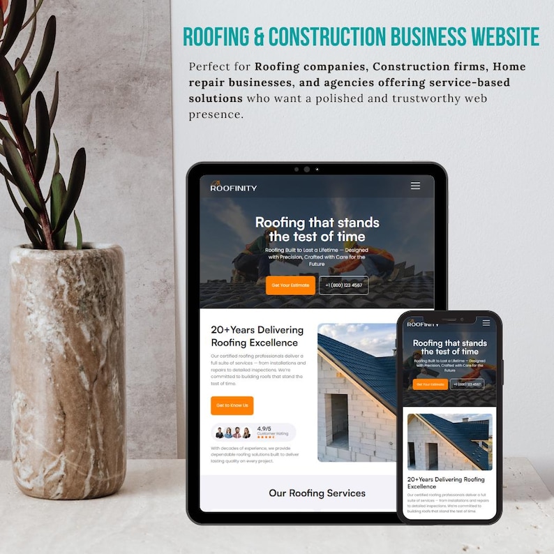 May include: A tablet and smartphone display a website design for a roofing company. The website showcases services and features the text "Roofing that stands the test of time." A decorative vase with a plant is on the left.