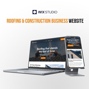 May include: A laptop and smartphone showcase a roofing and construction business website. The laptop displays the text "Roofing that stands the test of time" and "20+ Years Delivering Roofing Excellence". The phone shows the same website.