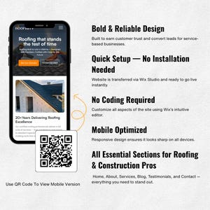 May include: A mobile phone screen shows a roofing website with the slogan "Roofing that stands the test of time." The image includes a QR code and text detailing features such as "Bold & Reliable Design" and "Mobile Optimized."