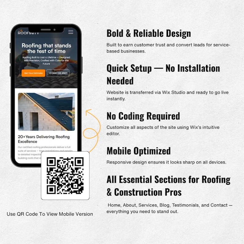 May include: A mobile phone screen shows a roofing website with the slogan "Roofing that stands the test of time." The image includes a QR code and text detailing features such as "Bold & Reliable Design" and "Mobile Optimized."