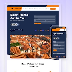 Może przedstawiać: Szablon projektu strony internetowej dla firmy dekarskiej, wyświetlany na tablecie i smartfonie. Strona internetowa wyświetla tekst "Expert Roofing Just for You" i zawiera formularz kontaktowy. Projekt wykorzystuje obrazy dachów oraz granatowo-pomarańczową kolorystykę.
