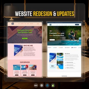 May include: Two website mockups showcasing a redesign for "Premium Pool and Spa Services Kew." The left mockup displays a pink and white website layout with the text "WEBSITE REDESIGN & UPDATES." The right mockup shows a similar design.