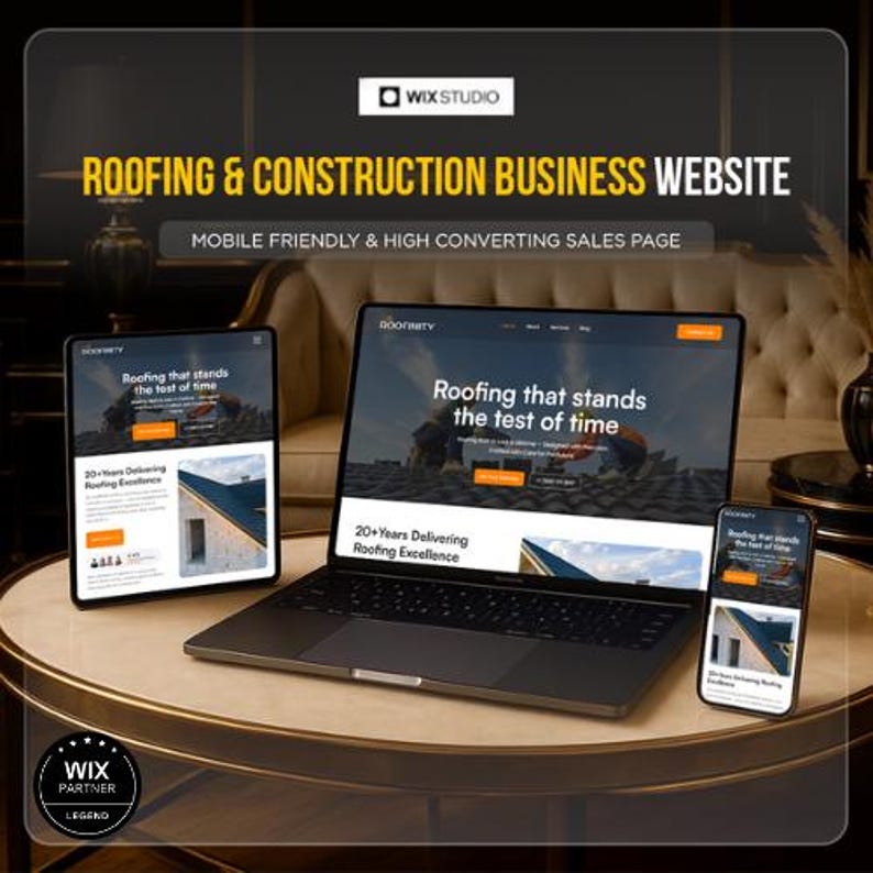 May include: A laptop, tablet, and smartphone showing a roofing and construction business website. The website displays the text "Roofing that stands the test of time" and "20+ Years Delivering Roofing Excellence". The Wix Studio logo is visible.
