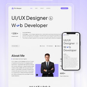 Op de afbeelding: Een website template op een tablet en smartphone, met een portfolio van een UI/UX Designer en Web Developer. Het ontwerp heeft een strakke lay-out met tekst en een foto van een man. De template bevat de tekst "Fin Harper" en "UI/UX Designer & Web Developer".