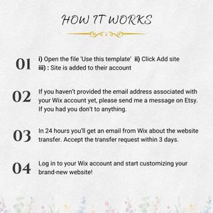 May include: A cream-coloured graphic with the title "HOW IT WORKS" and numbered steps detailing a website transfer process. Instructions include opening a file, adding a site, providing an email, and accepting a transfer request within 3 days.