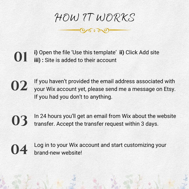 May include: A cream-coloured graphic with the title "HOW IT WORKS" and numbered steps detailing a website transfer process. Instructions include opening a file, adding a site, providing an email, and accepting a transfer request within 3 days.