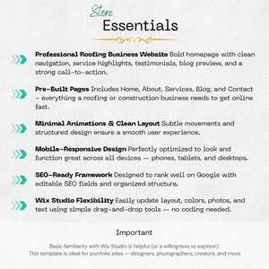 May include: A light green graphic with the words "Store Essentials" at the top. Below, a list of features for a website template, including "Professional Roofing Business Website" and "SEO-Ready Framework". The text is in a clean, easy-to-read font.