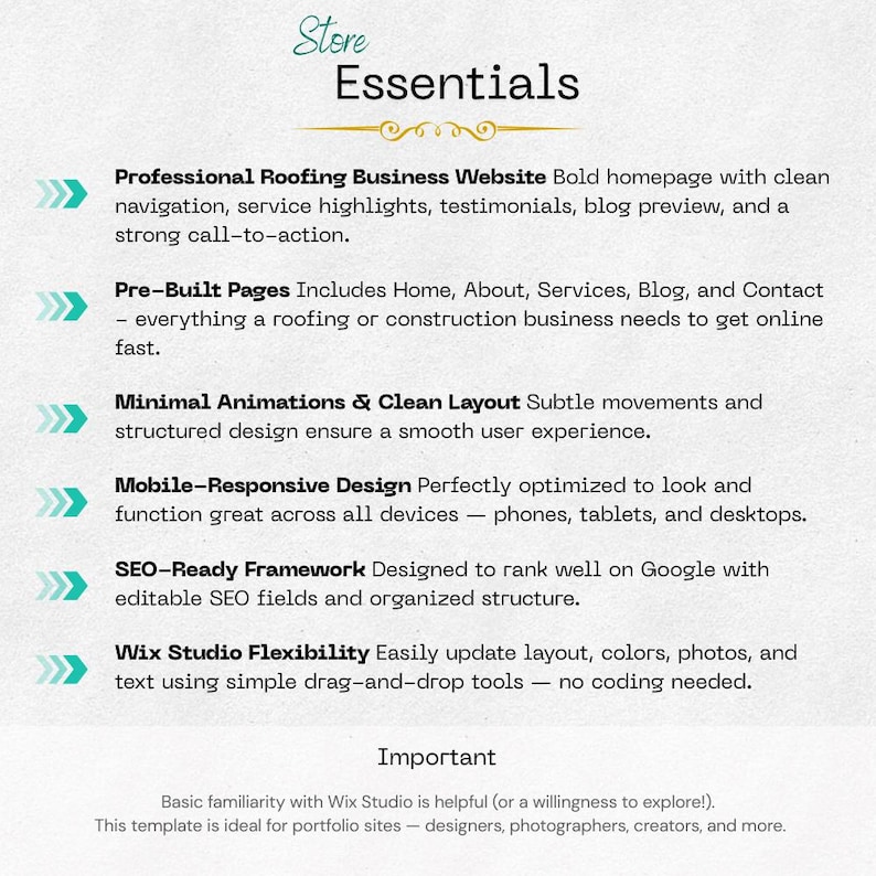 May include: A light green graphic with the words "Store Essentials" at the top. Below, a list of features for a website template, including "Professional Roofing Business Website" and "SEO-Ready Framework". The text is in a clean, easy-to-read font.