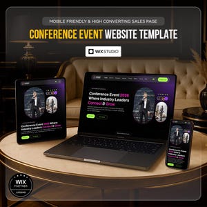 May include: A promotional image showcasing a conference event website template on a laptop, tablet, and smartphone. The website design features a dark theme with a speaker image and the text "Conference Event 2026 Where Industry Leaders Connect & Grow."