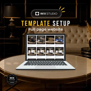 May include: A laptop displaying a website template setup. The screen shows multiple website design options. The image includes the Wix Studio logo and the text "TEMPLATE SETUP Full page website."