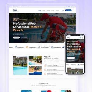 Może przedstawiać: Projekt strony internetowej dla serwisu basenowego, wyświetlany na tablecie i smartfonie. Strona internetowa zawiera tekst "Professional Pool Services for Homes & Resorts" oraz zdjęcia z konserwacji basenów. Projekt ma czysty, nowoczesny układ.