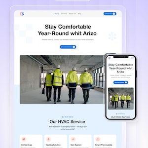 May include: A website template displayed on a tablet and smartphone. The site advertises HVAC services, with the text "Stay Comfortable Year-Round whit Arizo." The image features workers in yellow safety vests. Service descriptions are also included.