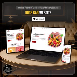 May include: A laptop, tablet, and smartphone display a website design for a juice bar, showcasing a colorful illustration of fruits. The text on the devices reads "Health Starts with Fresh Juice" and "Juice Bar Website". The Wix Studio logo is also visible.