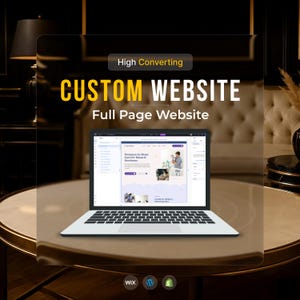 May include: A laptop displaying a website design, with the text "CUSTOM WEBSITE" in yellow and white. The website design features a light purple and white color scheme. The image also includes the text "Full Page Website" and the logos for Wix and other platforms.