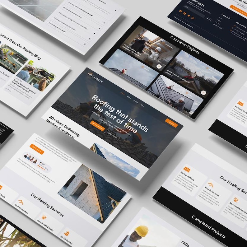 May include: A website design mockup showing various screens related to roofing services. The central screen highlights the text "Roofing that stands the test of time" and "20+ Years Delivering Roofing Excellence."