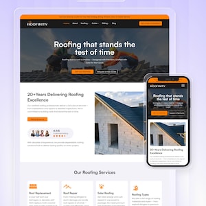 Op de afbeelding: Een website-ontwerpsjabloon voor een dakdekkersbedrijf, weergegeven op een desktop en een mobiel apparaat. De website, genaamd "ROOFINITY", promoot "Roofing that stands the test of time". Het benadrukt diensten en klantbeoordelingen, met een strakke, moderne lay-out.