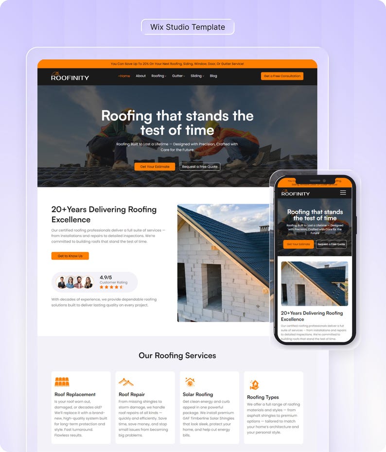 May include: A website design template for a roofing company, displayed on a desktop and mobile device. The website, branded as "ROOFINITY", promotes "Roofing that stands the test of time." It highlights services and customer ratings, with a clean, modern layout.