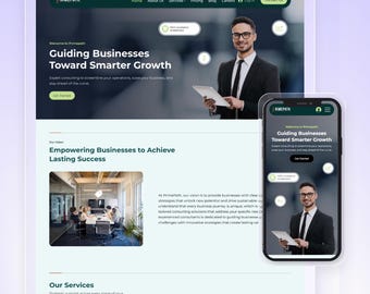 May include: A website design template on a tablet and smartphone, showcasing a business consulting service. The design features a professional man, text that reads "Guiding Businesses Toward Smarter Growth," and a clean, modern layout.