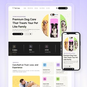 May include: A website design for a pet care service, featuring a tablet and smartphone mockup. The design includes images of dogs, service details, and the text "Premium Dog Care That Treats Your Pet Like Family."