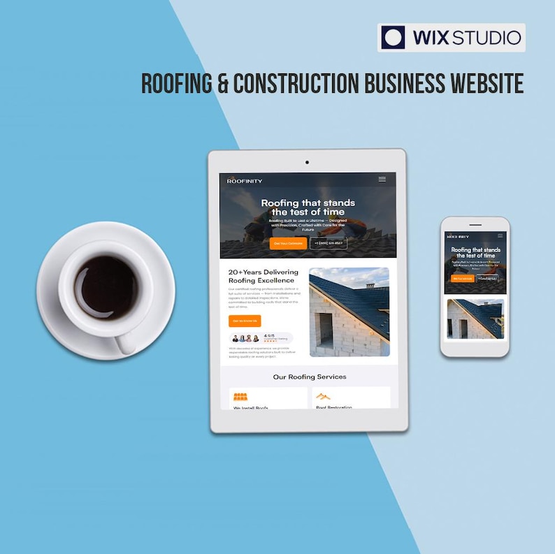 May include: A digital marketing image for a roofing and construction business website. The image features a tablet and smartphone displaying the website, a cup of coffee, and the text "Roofing & Construction Business Website."