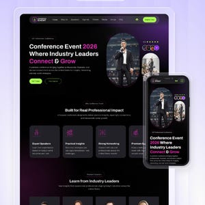 May include: A website design for a conference event, shown on a tablet and a smartphone. The design uses a dark theme with purple accents, displaying event details, speaker information, and a call to action. The text reads "Conference Event 2026 Where Industry Leaders Connect & Grow."