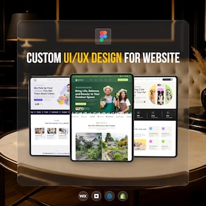 Puede incluir: Tres tabletas digitales que muestran diseños de sitios web. El texto en la parte superior dice "CUSTOM UI/UX DESIGN FOR WEBSITE". Los sitios web muestran varios servicios, incluyendo limpieza en seco, diseño de espacios exteriores y cuidado de mascotas. Los logotipos de Wix, WordPress y Shopify están en la parte inferior.