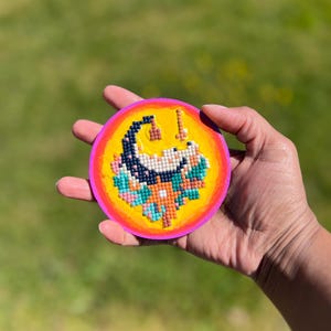 Celestial Moon Magnet, Hand Painted Diamond Art on Wood, Fridge Decor with Golden Glow, Mystical Hanging Moon