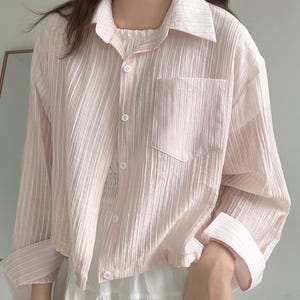 Striped Cropped Button-Up Shirt: Lightweight Long Sleeve Blouse