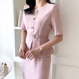 Elegant Blush Pink Peplum Midi Dress: Korean Style Office Outfit
