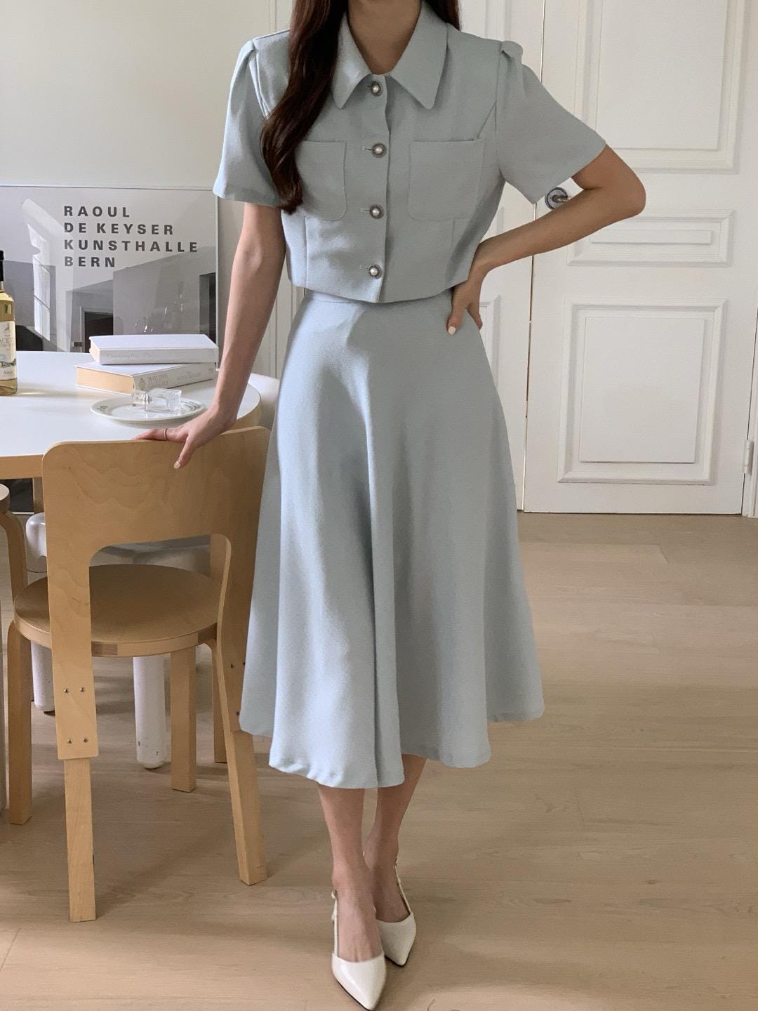 Korean Style Crop Top and Skirt Set: Business Casual Outfit (Fits US 2-6) Korean Style Crop Top and Skirt Set: Business Casual Outfit (Fits US 2-6)
