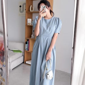 na-kd fashion pink puff sleeve shirring mini dress Blue Hanbok Flower Dress - Korean Clothing main image 0