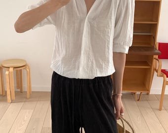 Puff Sleeve V-Neck Blouse - Lightweight Summer Button Top