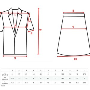 May include: A diagram of a short-sleeved blazer and a skirt, with measurements in inches. The blazer has a notched collar and a two-button closure. The skirt is a-line. A size chart is included, detailing measurements for sizes S, M, and L.