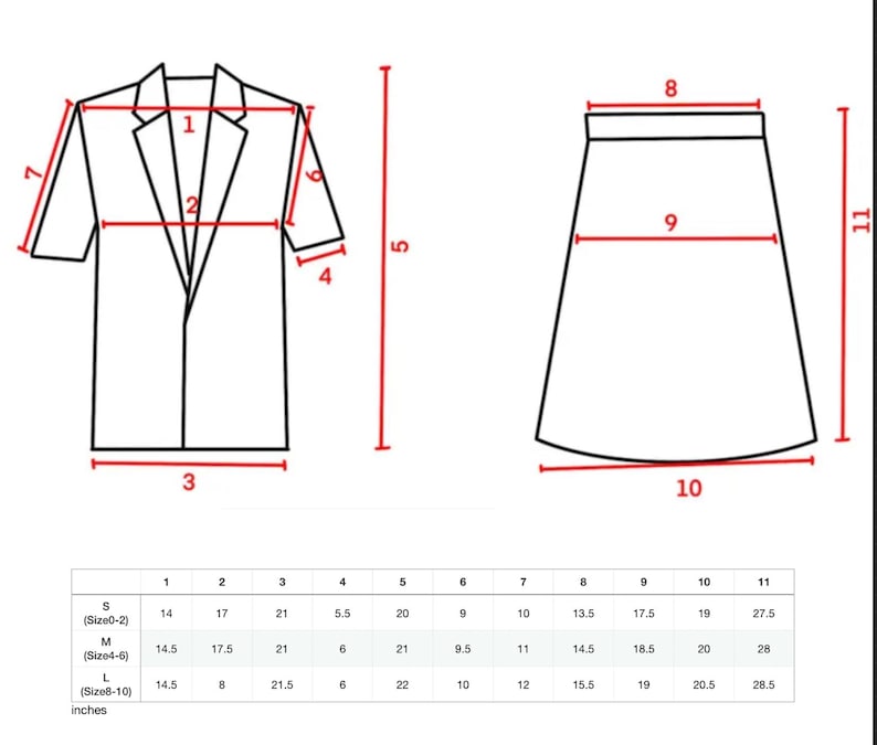 May include: A diagram of a short-sleeved blazer and a skirt, with measurements in inches. The blazer has a notched collar and a two-button closure. The skirt is a-line. A size chart is included, detailing measurements for sizes S, M, and L.