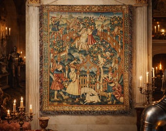 Medieval Woven Blanket, Historic Landscape Tapestry, Dark Academia Decor