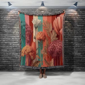 Botanical Flowers Woven Blanket , Vintage Floral Cotton Throw ,Garden Jacquard Tapestry