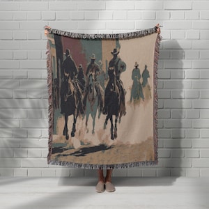 Woven Cowboy Blanket: Western Horse Tapestry, Rustic Cabin Decor