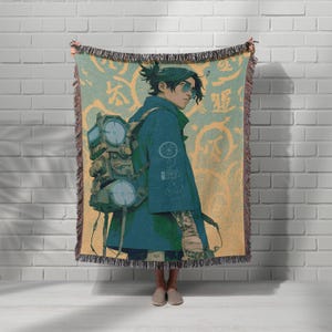Anime Warrior Woven Blanket with Futuristic Backpack- Anime Streetwear & Cyberpunk Style Throw