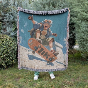Skater Boy Anime Blanket , Woven Manga Throw for Couch or Wall, Energetic Tapestry Gift for Anime and Street Style Fans