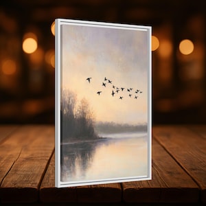 Vögel fliegen bei Sonnenuntergang über einen ruhigen Fluss, Leinwand Wandkunst, ruhige minimalistische Dekoration, moderne rustikale Boho Stil, ruhige Naturmalerei, Zuhause