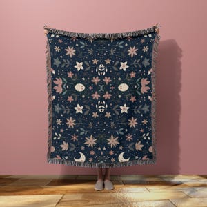 Floral Moon Woven Blanket: 100% Cotton Boho Tapestry