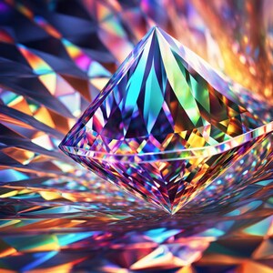 May include: A vibrant, multi-faceted gemstone with a pyramidal shape. The gem displays a spectrum of colors, including blues, greens, yellows, and purples, reflecting light in a dazzling display. The background features a similar pattern of refracted light.
