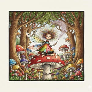 May include: A whimsical illustration of a fairy sitting atop a large red mushroom with white spots. The fairy has colorful wings and a rainbow dress, surrounded by various mushrooms in a forest setting. The artwork is detailed with vibrant colors.