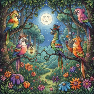 Könnte beinhalten: Eine fantasievolle Illustration von bunten Papageien, die in einem mondbeschienenen Wald sitzen. Die Papageien, in verschiedenen Farben, sitzen auf Ästen. Ein lächelnder Mond und ein gewundener Pfad ergänzen die Szene. Blumen blühen im Vordergrund.