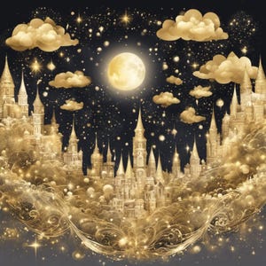 Könnte beinhalten: Digitale Illustration einer goldenen Burgstadt unter einem Sternenhimmel mit Wolken und Vollmond. Die Türme der Burg sind detailliert gestaltet, was eine magische und traumhafte Atmosphäre erzeugt.