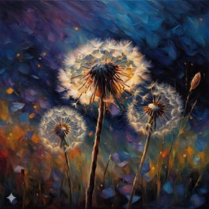 May include: An impressionistic painting of three dandelion seed heads, illuminated against a dark blue and purple background. The dandelions have fluffy white seed heads and brown stems. The artwork uses a palette of blues, purples, oranges, and yellows.