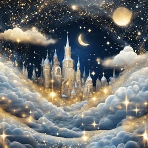 Könnte beinhalten: Digitale Illustration eines Märchenschlosses, das zwischen flauschigen Wolken schwebt. Das Schloss ist weiß mit hohen Türmen, vor einem dunkelblauen Nachthimmel voller Sterne, einem Halbmond und einem Vollmond. Goldene Glitzer verleihen einen magischen Touch.