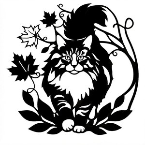 Peut inclure: Une décoration murale en silhouette noire et blanche représentant un chat à poils longs entouré de feuilles d'érable stylisées et de branches de vigne courbées. Le design est réalisé dans un style graphique plat à fort contraste.
